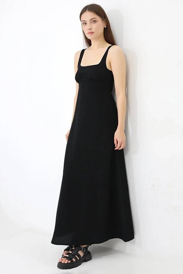 Keten Maxi Elbise Siyah - 1
