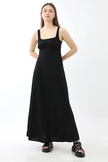 Keten Maxi Elbise Siyah - 5