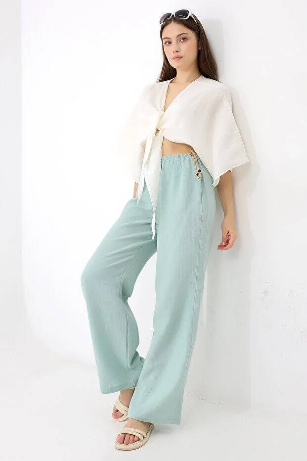 Müslin Bel Detaylı Pantolon - 1